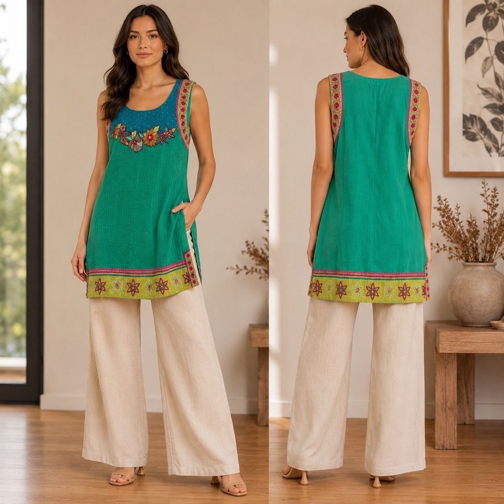 S16 Handmade Embroidered Boho Tunic Top Green Floral Sleeveless Side Slit Small